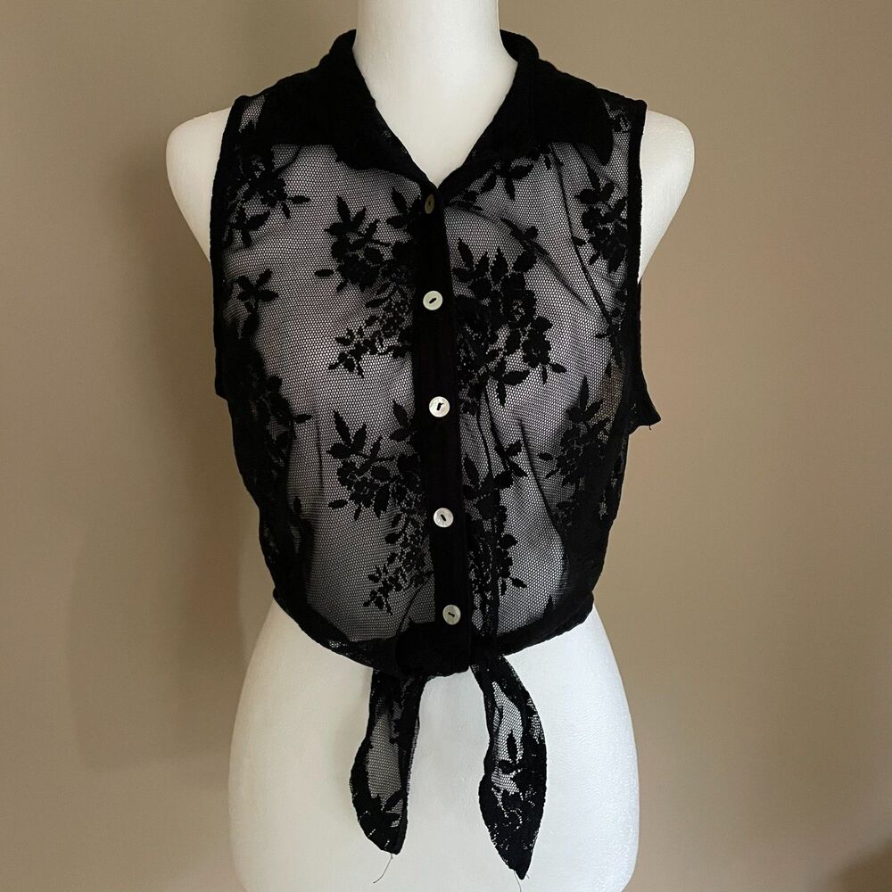 Love Culture Black Floral Lace Whimsigoth Witchy Large Sheer Bolero Button Down